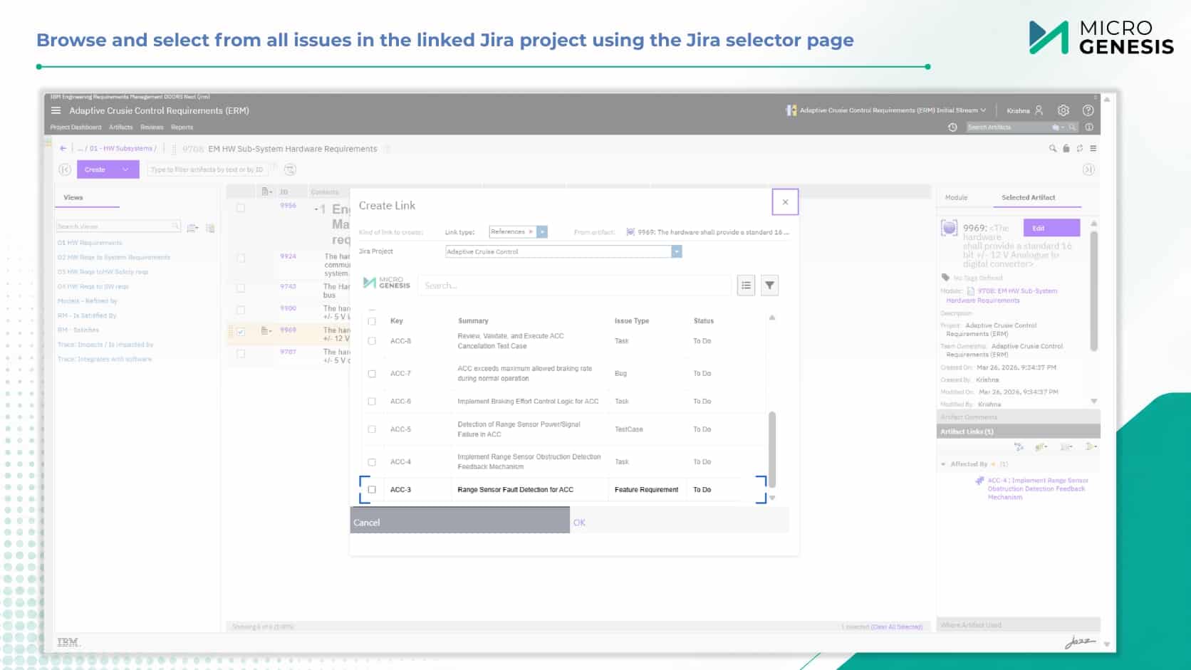 Browse and select from all issues in the linked Jira project using the Jira selector page