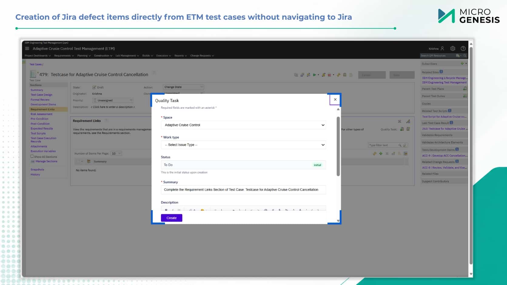 Creation of Jira defect items directly from ETM test cases without navigating to Jira