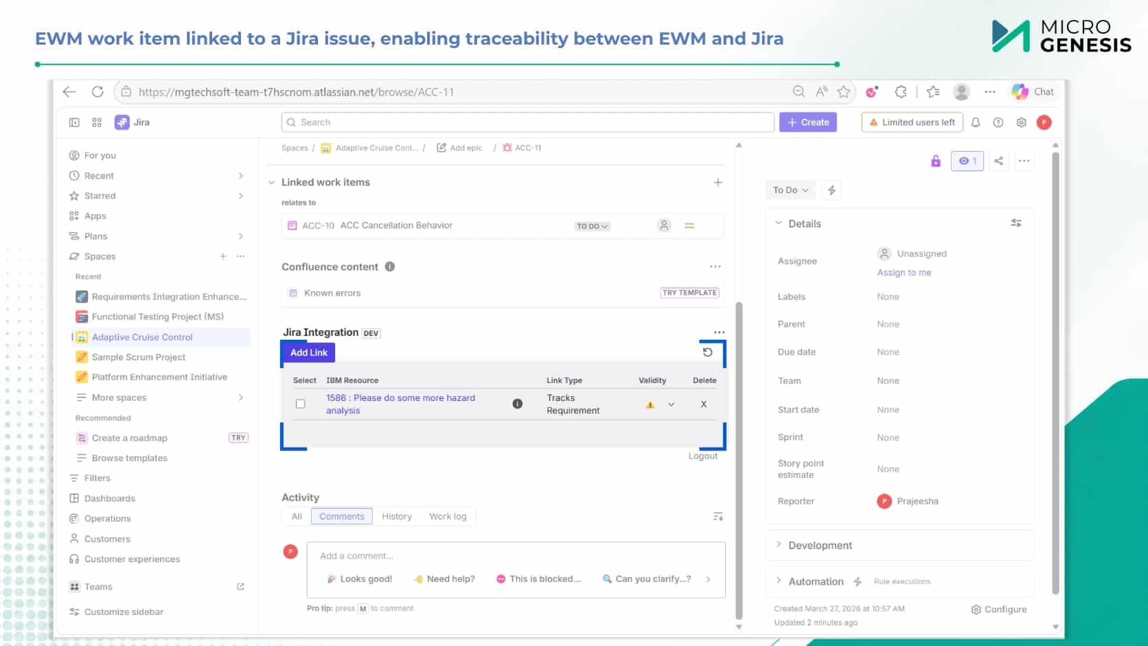 EWM work item linked to a Jira issue, enabling traceability between EWM and Jira