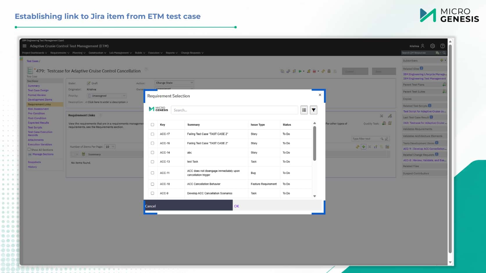 Establishing link to Jira item from ETM test case