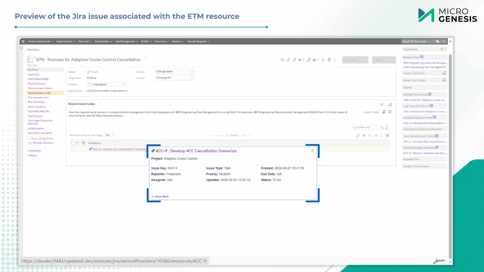 Preview of the Jira issue associated with the ETM resource