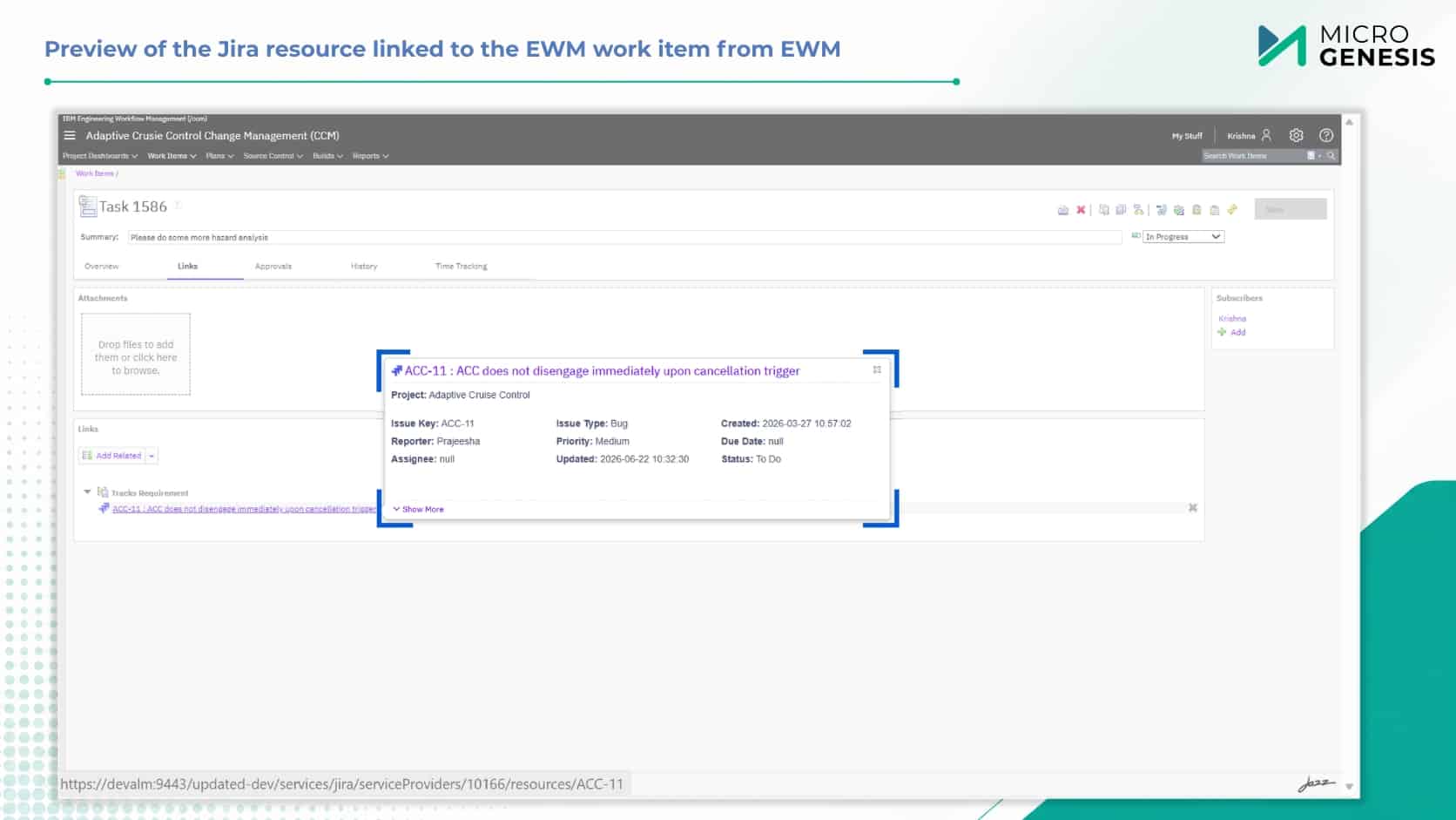 Preview of the Jira resource linked to the EWM work item from EWM