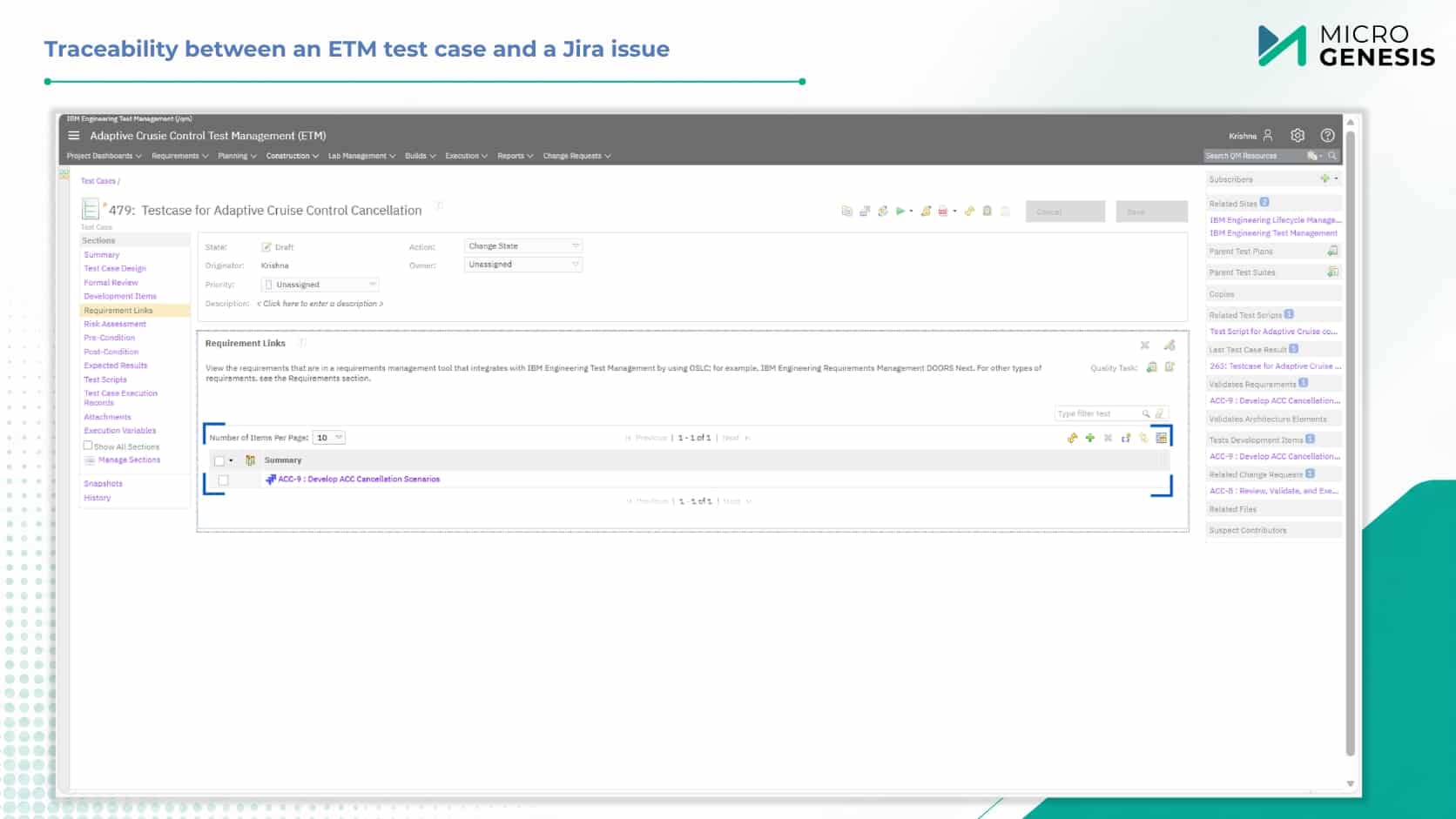 Traceability between an ETM test case and a Jira issue